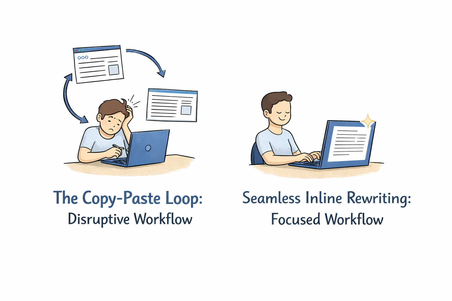 A two-part diagram. Left: A frustrated person at a desk with arrows looping between a word processor and a web browser. Text: 'The Copy-Paste Loop: Disruptive Workflow.' Right: A calm person at a desk with a word processor and an integrated Rephrazo-ai icon. Text: 'Seamless Inline Rewriting: Focused Workflow.'